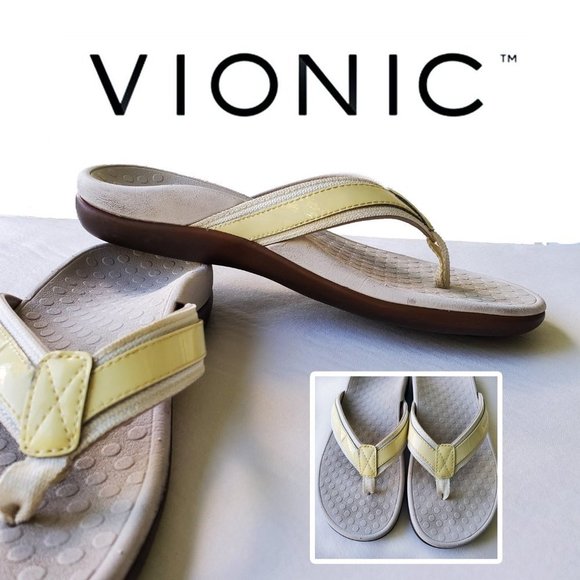 Vionic Shoes - Vionic Women's Tide II Orthaheel Yellow Patent Leather Thong Sandals Size 6